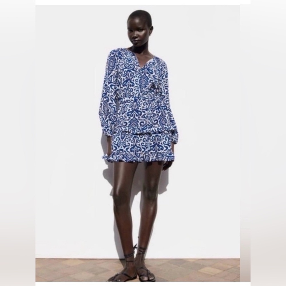 Zara printed blue and white boho balloon sleeve mini dress